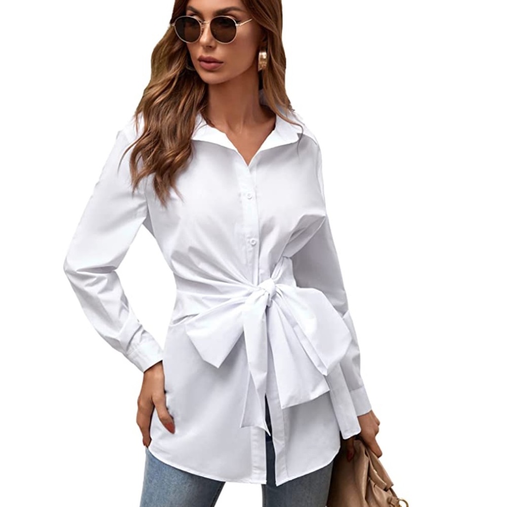 SheIn white button up blouse tie front-NEW